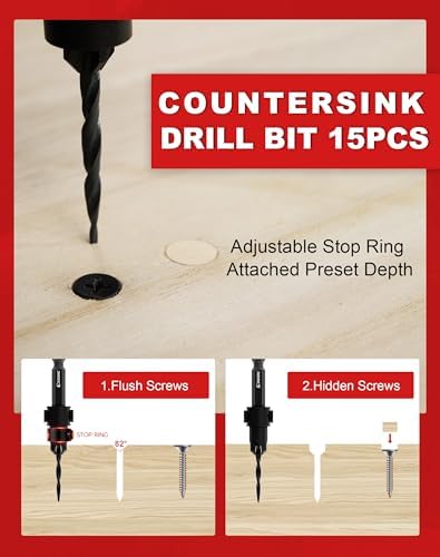 EZARC Countersink Drill Bit Set, 15PCS Tapered Bits with Plug Cutters