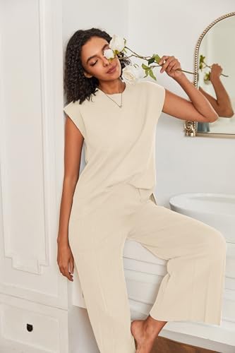 Ekouaer Lounge Sets for Women Two Piece Outfits Knit Cap Sleeve Tops Wide Leg Pleated Pants Casual Dressy Sweater Sets