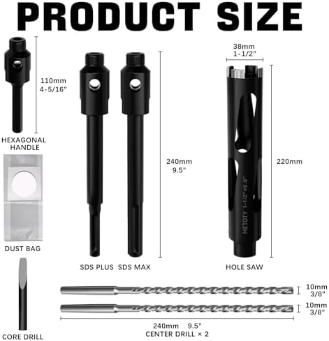 Diamond Core Drill Bit 1-1/2"(38mm) with Pilot Bit & Adapters (SDS Plus & Hex) – Upgraded Welded Segments, 8.6" Depth – for Concrete, Solid Brick, Hollow Brick, Masonry & More