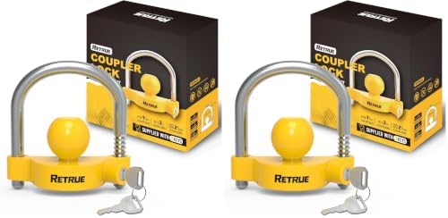 RETRUE Universal Coupler Lock Trailer Locks Ball Hitch Trailer Hitch Lock Adjustable Security Heavy-Duty Steel Fits 1-7/8 Inch, 2 Inch, 2-5/16 Inch Couplers, Bright Yellow, Light Weight (Pack of 2)