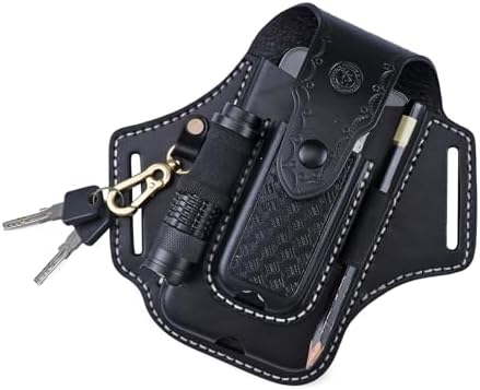 Leather Cell Phone Holster Case Multitool Sheath Flashlight Belt Pen Holder