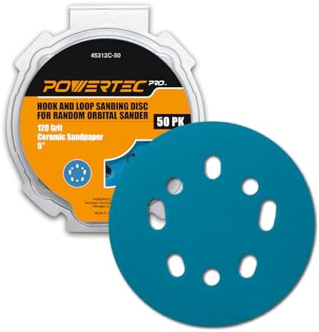 POWERTEC PRO 50PK, 5 Inch Sanding Discs Hook and Loop, 120 Grit, Ceramic Orbital Sander Sandpaper for 5 & 8 Hole Random Orbital Sanders - Automotive, Paint, Metal, Woodworking (45312C-50)