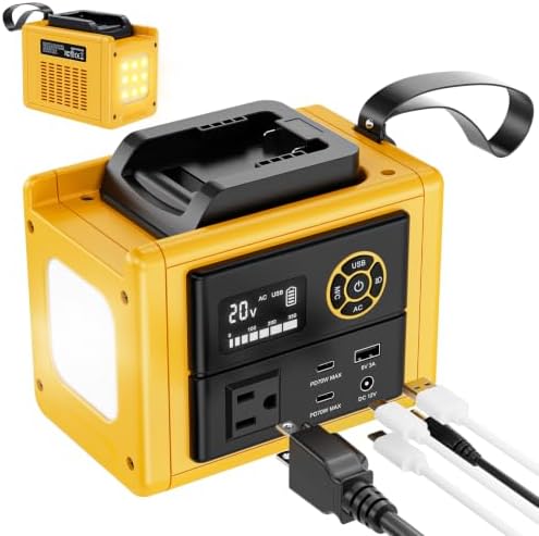 Ecarke 350W Power Inverter Compatible with DeWALT 20V Battery (Tool Only), DC to AC 110V Power Station: 2x70W USB-C Fast Charger, AC, USB-A, 12V DC, 800lm LED & Display – Camping, Job Site, Emergency
