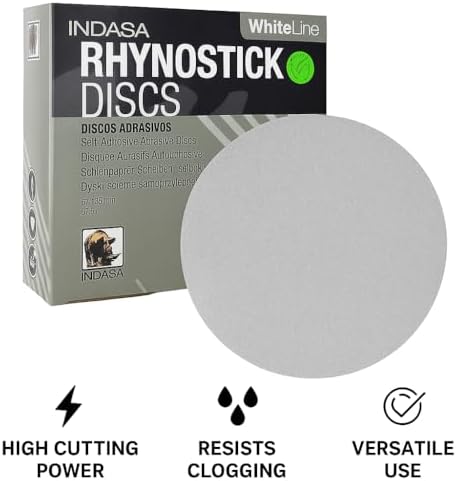 Indasa 5" Rhynostick White Line PSA Discs – Aluminum Oxide, No-Clog, Easy Release Tabs, 36-600 Grit, for Wood, Drywall & Auto Body Sanding (5 Inch Sticky Back(PSA), 320, Fine)