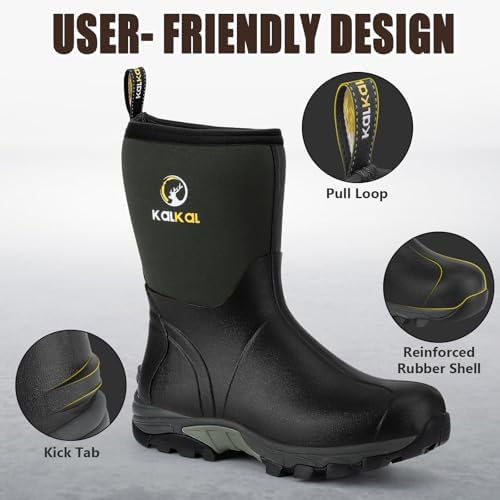 Kalkal Rubber Boots for Men, Waterproof Insulated Mid Calf Mens Rain Boots