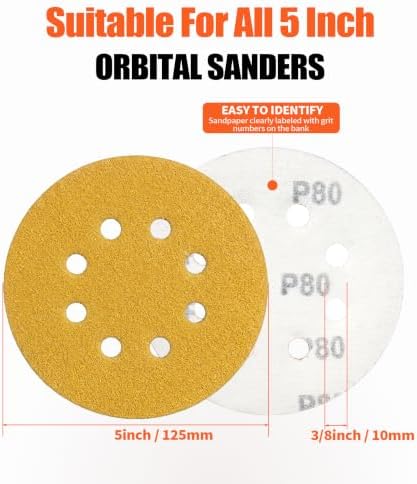 5-Inch 8-Hole Hook and Loop Sanding Discs 80-Grit, 200-Pack, Premium Random Orbital Sandpaper for Woodworking or Automotive