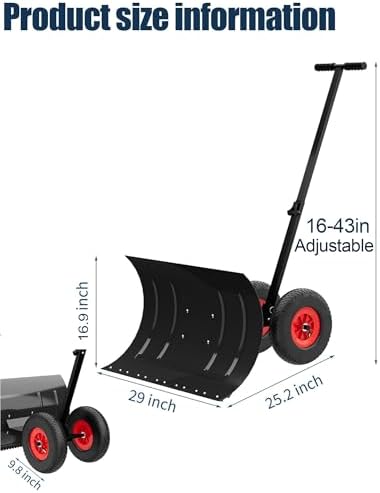 Snow Pusher with Wheels, Adjustable Handle-Angle Steel Blade for Driveway, Walkway, Patio Snow Removal - 5 Levels for Easy Clearing