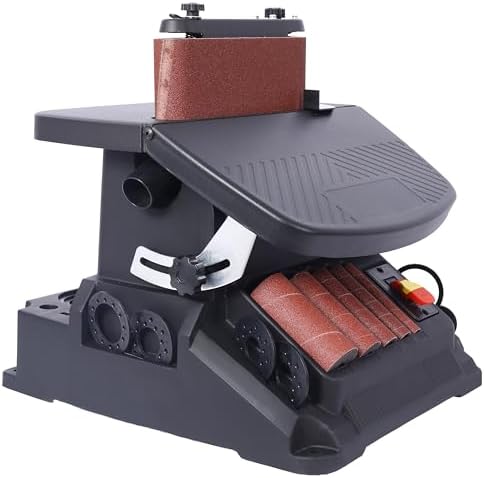 Oscillating Spindle Sander & Belt Sander, 2 in 1 Woodworking Machine, 500W Motor, 5/8" Stroke, 5 Sleeves & 4" X 24" Belt, 0-45° Tilting Table