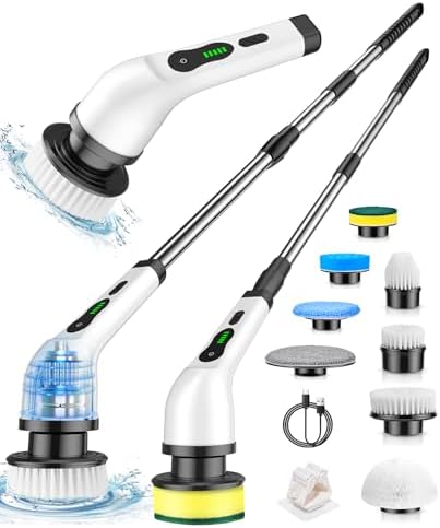 Electric Spin Scrubber, Cordless Cleaning Brush, Shower Scrubber with 8 Brush Heads 2H Power Dual Speed, Adjustable Extension Handle, IPX7 Waterproof for Tub Tile Car Floor Polishers, PA-25.
