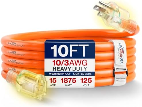 10ft Outdoor/Indoor Extension Cord 10/3 Gauge Ultra Heavy Duty 3 Prong SJTW, Waterproof, Flexible Cold-Resistant Long Power Cord,15A 125V 1875W, Orange by LifeSupplyUSA