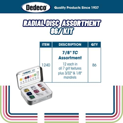 Dedeco Sunburst Radial Bristle Discs - 7/8" Curved - 1/16" Arbor - Assortment Kit - 86 Total Pieces for Precision Cleaning, Buffer, Polish, & Finish
