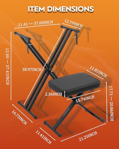 STRICH Piano Keyboard Stand Stool Set, Adjustable Double X-Style Portable Stand for 54-88 Key Electric Digital Keyboards Pianos & Piano Bench, Chair, Black, SKT-01