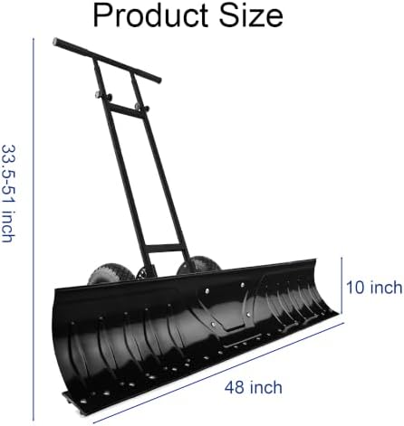 Garvee 48in Heavy-Duty Snow Pusher Hand Plow for Snow Removal w/Wheels, Adjustable Handle, Blade Angle,U-Shaped Handle,Large Blade for Efficient Snow Removal-Black