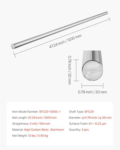 VEVOR 2PCS Linear Motion Rod, 20 mm x 1200 mm (0.79 x 47.24 in), SFC20 Carbon Steel Linear Rod Shaft, Anti Rust and High Precision, High Hardness Shaft, for Cutting Grinding Milling Drilling Machine