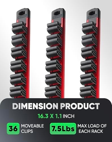 ALOANES 3PC Magnetic Screwdriver Organizer - 36 Slot Aluminum Alloy Rail for Toolbox & Metal Pegboard, Strong Magnetic Holder for Wrenches, Pliers, Workshop Garage Storage(Red)