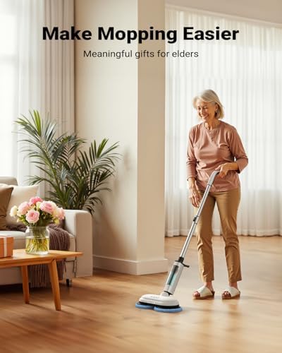iDOO Electric Cordless Spin Mop, Electric Mops for All Floor with Sprayer & LED Headlight, Quiet Self Propelled, Water Tank 4 Replaceable Heads, for Women