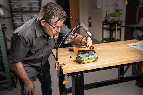 Work IQ Tools IQ Vise & IQ Connect | 360° Articulating Bench Vise & Hands-Free Accessory System with 3 Bench Mounts | Includes Vise Jaws, Magnifying Glass, Rechargeable Work Light & Cell Phone Holder