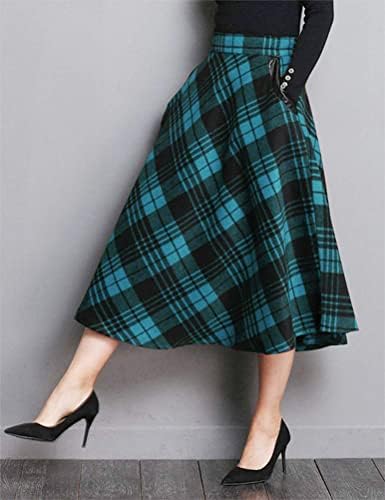 IDEALSANXUN Womens Plaid Wool Skirts Elastic Waist A-Line Pleated Tartan Long Skirts
