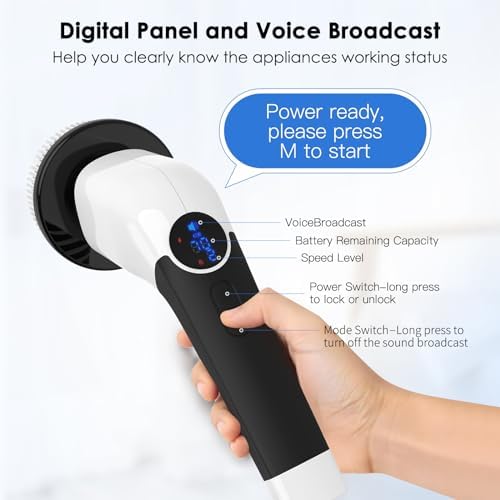 Electric Spin Scrubber, Cordless Voice Prompt Shower Scrubber with 8 Replaceable Brush Heads, 3 Adjustable Speeds, Long Handle for Bathroom Floor and Tile