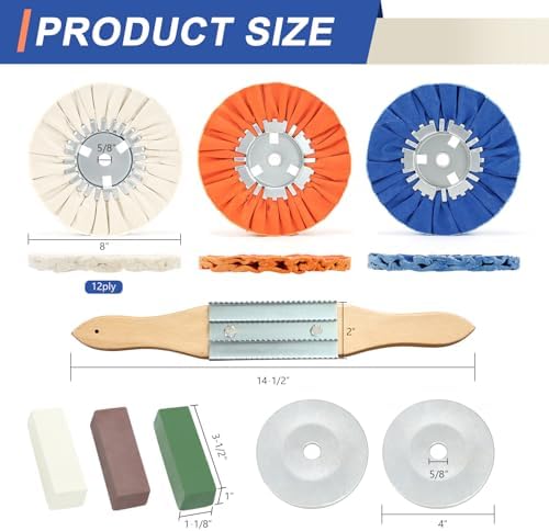 9 Pcs 8" Airway Buffing Wheel Kit for Angle Grinder, 3 Wheels, 3 Polishing Compounds, Buffing Rake & 1 Pair Safety Flanges, 5/8" Arbor, for Aluminum Wheels, Tanks & Metal Mirror Polishing