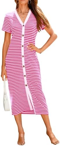 BTFBM Women Casual Summer Dresses Short Sleeve Striped Midi Dresses
