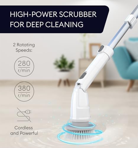 Electric Spin Scrubber, 360 Cordless Powerful Scrub Brush for Cleaning Bathroom, Tile, Floor, Tub & Shower with Adjustable Extension Handle and 3 Replaceable Rotating Brush Heads (Packaging May Vary)
