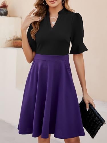 Mokayee Womens Summer V Neck Ruffle Short Sleeve Fit and Flare Knee Length Church Wedding Guest Dresses with Pockets