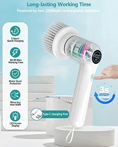 Electric Spin Scrubber Cordless Power Scrubber Handheld Electric Cleaning Brush, Shower Cleaner Brush with 6 Replaceable Brush Heads and 2 Rotating Speeds for Tile, Tub, Dish, Sink, Grout, Kitchen