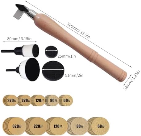 Bowl Sander Tool Kit, Wood Lathe Tool with 13in Long Hardwood Handle, Bearing Head, Rotatable Spindle Head, 1in 2in Pads 50pcs Sanding Discs, Woodworking Passive Rotary Sander