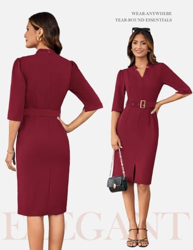 GRACE KARIN Women's Work Dress 3/4 Sleeve V Neck Bodycon Dress with Belt
