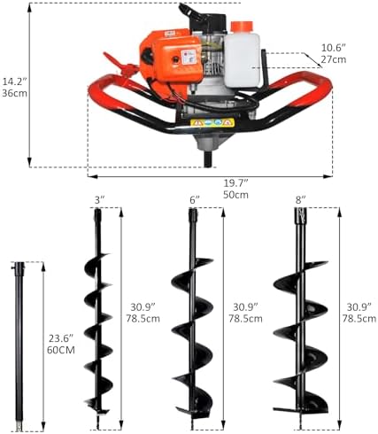 62cc 2.8HP Post Hole Digger Gas Powered, Gas Earth Auger/Ice Auger, with 2 Drill Bits 3"/6"/8" + 3 Extension Bar, One Man Earth Auger for Planting Fence, EPA Compliant Post Hole Auger