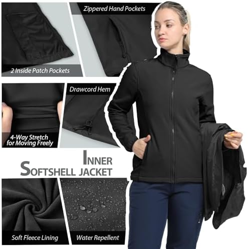 33,000ft Women's 3 in 1 Hooded Rain Jacket Waterproof Softshell Ski Coat