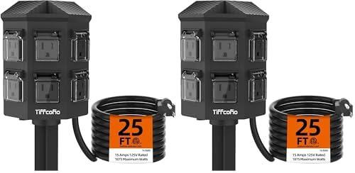 TiFFCOFiO Outdoor Power Strip Weatherproof, 25 FT Extension Cord with Stake, 6 Grounded Outlets for Christmas Yard Decorations and Inflatables, 15A/1875W, ETL Listed (Pack of 2)