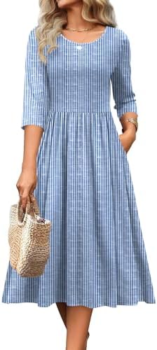 Zeagoo 3/4 Sleeve Women's Dress Casual Aline Summer Fall Midi Long Dresses