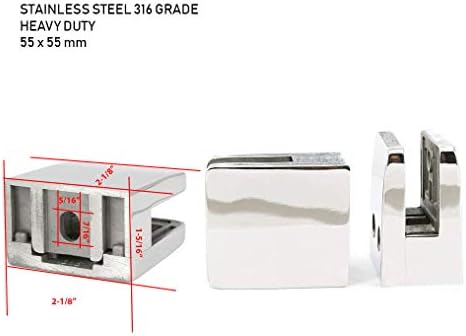 Stainless Steel 316 Square Flat Back Glass Clamp 55 x 55 mm for 3/8" - 1/2" Tempered Glass or Laminated Glass, Mirror Chrome Finish, GC-056M, 4 Pieces