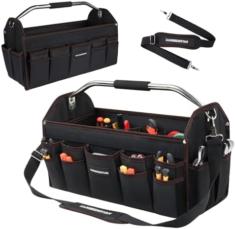 22 In Tool Carrier, Open Top Tool Tote 30 Pockets, Waterproof Tool Bag For Men, Foldable Wide Mouth Electricians Tool Bag, With Stainless Steel Handle and Removable Shoulder Strap