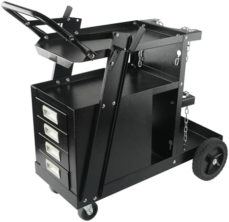 Welding Cart, 2-Tier 4-Drawer Welder Cart with 265LBS Load Capacity, Dual Cylinder Slots & Safety Chains, 360° Swivel Wheels, Heavy Duty Rolling Cart for MIG Welder & Plasma Cutter