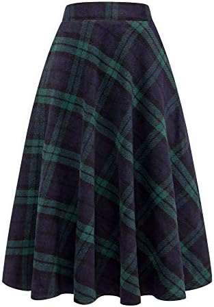 IDEALSANXUN Womens Plaid Wool Skirts Elastic Waist A-Line Pleated Tartan Long Skirts