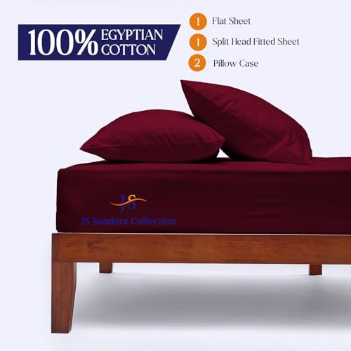JS Sanders Collection 600TC Flex Top Queen Sheets for Sleep Number Bed - 100% Cotton 4 Pcs Top Split Queen Sheets for Adjustable Bed Queen 32 Inch Down Burgundy -18 Inch Deep
