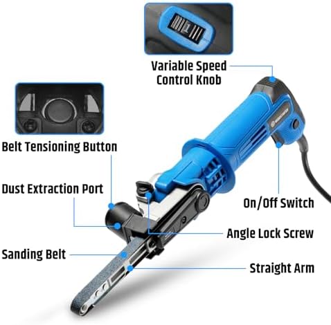 Variable Speed Detailing File Sander with 1/2" X 18" Belt, 2.3AMP, 1000-1800 ft/min 6 Speed, 0-60° Adjustable, Tool-Free Belt Change, Lightweight, for Wood, Mental, Plastic