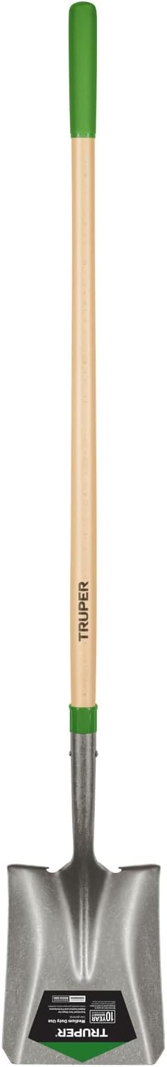 Truper Square-Point Shovel, Mid-Size Steps, 48-Inch Wood Handle with 6-Inch Grip, 16 Gauge Blade, Heavy-Duty Digging & Transfer Shovel (Model 31188)