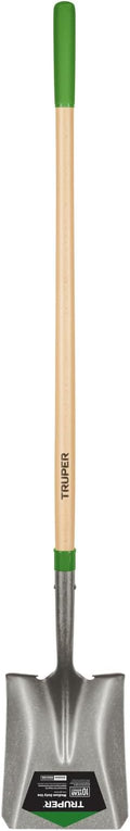 Truper Square-Point Shovel, Mid-Size Steps, 48-Inch Wood Handle with 6-Inch Grip, 16 Gauge Blade, Heavy-Duty Digging & Transfer Shovel (Model 31188)