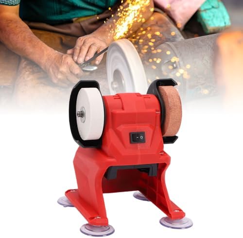 Asixxsix Mini Bench Grinder, 5500RPM 18V Battery Cordless Polisher Sander with Coarse Fine Corundum Wheels and Metal Protective Cover for Rust Removal Drill Bit Knife Sharpening