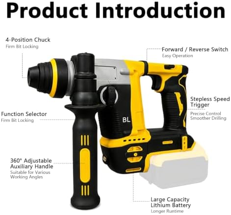 Cordless Hammer Drill for Dewalt Battery, SDS Plus Brushless Rotary Hammer Drill with 2 Mode Operation, 3 Drill Bits, Safety Goggles and Gloves, Suitable for Concrete, Masonry, Wood, Metal(No Battery)