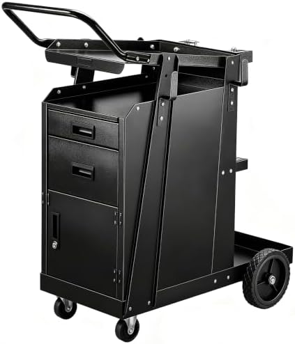 Welding Cart, 2-Tier Heavy Duty Welder Cart with 2 Drawers & Lockable Cabinet, 350LBS Load Capacity, Dual Cylinder Slots & Safety Chains, 360° Swivel Wheels for MIG Welder & Plasma Cutter