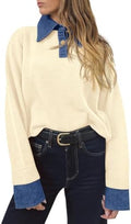 Saodimallsu Womens Denim Patchwork Sweaters V Neck Polo Pullover Tops