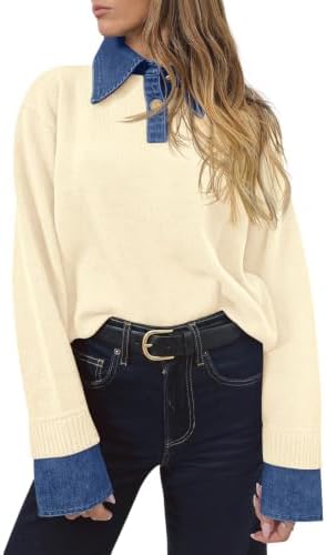 Saodimallsu Womens Denim Patchwork Sweaters V Neck Polo Pullover Tops