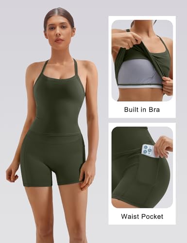 SUUKSESS Women 2 Piece Workout Sets High Waisted Biker Shorts with Pockets Built in bra Racerback Tank Tops