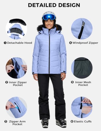 Skieer Women's Ski Jacket Waterproof Warm Puffer Thick Hooded Winter Coat