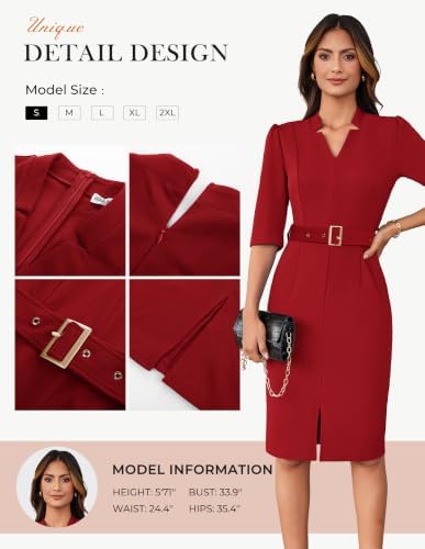 GRACE KARIN Women's Work Dress 3/4 Sleeve V Neck Bodycon Dress with Belt